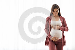 Happy Expectation. Cheerful Pregnant Millennial Woman Touching Her Belly, Standing Against Window