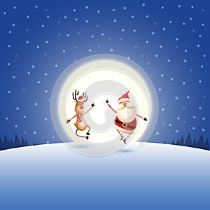 Happy expresion of Santa Claus and Reindeer on blue night moonlight winter landscape photo