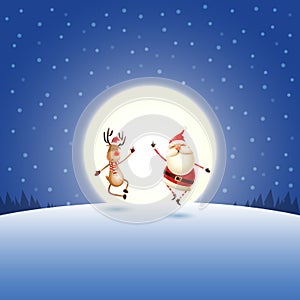 Happy expresion of Santa Claus and Reindeer on blue night moonlight winter landscape