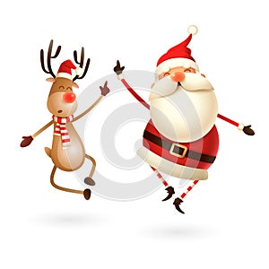 Happy expresion of Santa Claus and Reindeer - they jumping straight up and bring their heels clapping together right under
