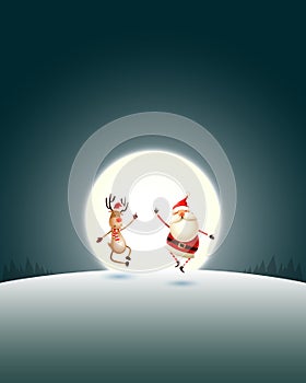 Happy expresion of Santa Claus and Reindeer on winter landscape with moonlight - Christmas poster photo