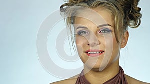 Happy expression woman`s face, different emotions. girl flirts slow motion