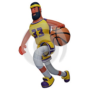 Happy Face 3D Basketball Athlete Cartoon Image run and dribble a ball