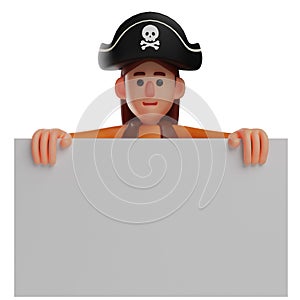 Happy face 3D Pirate Cartoon Design holding a whiteboard