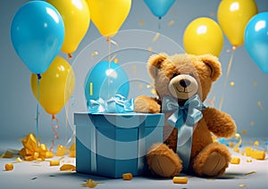 Happy Face Blue Teddy Bear with Blue and Yellow attire, and balloons