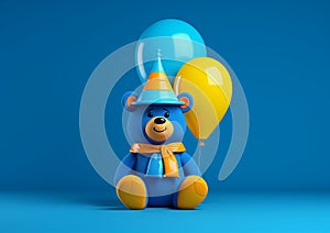 Happy Face Blue Teddy Bear with Blue and Yellow attire, and balloons