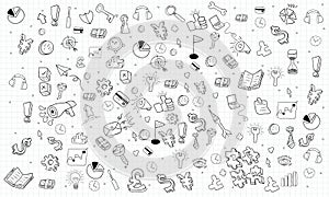 Happy face businessman hello business doodles objects background. a concept Business success and hero
