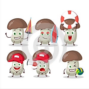 Happy Face cep mushroom cartoon character playing on a beach