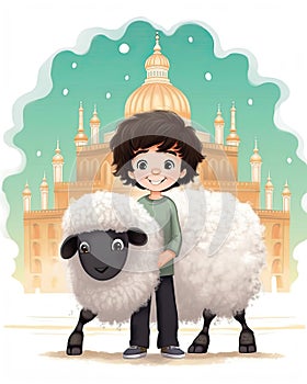 happy face of cute black hair cartoon Saudi boy with big fluffy sheep on Mosque background