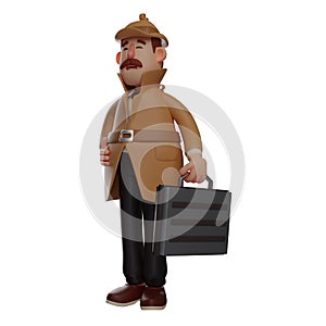 Happy face detective 3D Cartoon holding a suitcase