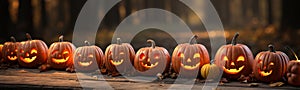 Happy Face Halloween carved pumpkins outside on Hallows Eve - generative AI