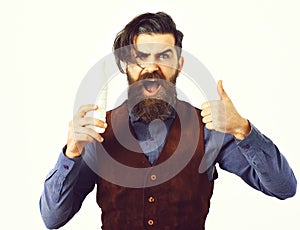 Happy face isolated on white background. bearded man holding bottle of kefir with happy face