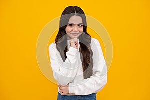 Happy face, positive and smiling emotions of teenager girl. Headshot portrait of teenager child girl isolated on studio