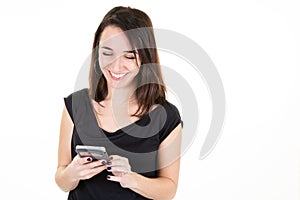 Happy face smiling woman looking smartphone with good news on text phone
