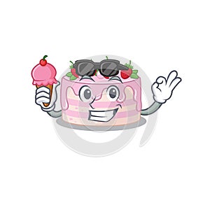 Happy face strawberry cake cartoon design with ice cream