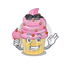 Happy face strawberry cupcake cartoon design with ice cream