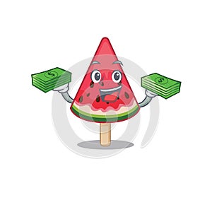 Happy face watermelon ice cream character having money on hands