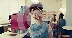 Happy, face and young woman in a coffee shop with good, positive and confident attitude. Smile, happiness and portrait