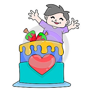 Happy faced boy with big birthday cake, doodle icon image kawaii