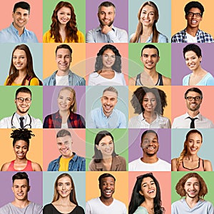 Happy Faces. Set Of Smiling Multicultural People Posing Over Bright Backdrops