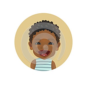 Happy facial expression. Afro American baby emoticon. Smiling African child emoji. Cute black skin cheerful toddler smiley.