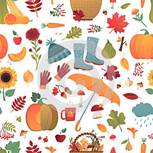 Happy Fall Autumn Seamless Pattern. Cartoon yellow plants, food, warm socks, mushrooms and leaves. Harvest festival and