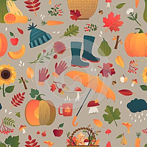 Happy Fall Autumn Seamless Pattern. Cartoon yellow plants, food, warm socks, mushrooms and leaves. Harvest festival and