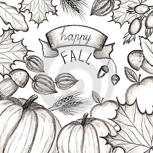 Happy fall. Concept of the holiday of autumn and harvest. Hand drawing. The leaves of the trees are maple, oak. Pumpkin, apple, mu