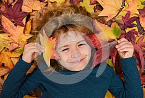 Happy fall, funny autumn. Happiness and joyful child in autumn park.