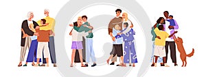 Happy families hugging. Parents and children embracing set. Reunion concept. Mom, dad, kids, granny, grandpa, pet