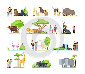 Happy families, kids with parents and wild zoo animals in wildlife park. Vector cartoon set isolated on white background