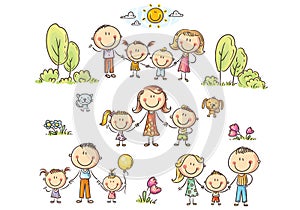 Happy families set with children, vector illustration