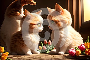 Happy family of adorable cats indoors among the tulips, AI generated