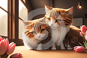 Happy family of adorable cats indoors among the tulips, AI generated