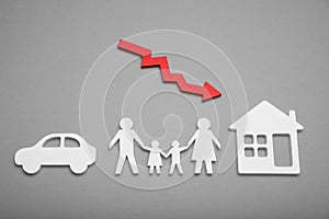 Happy family affluence fall concept. Red falling chart, arrow