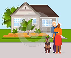 Happy family aged elderly senior wife, husband standing in front of private house vector illustration flat. Man and