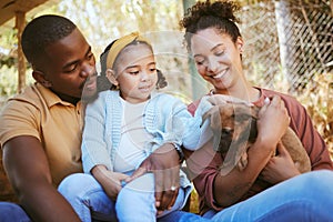 Happy family, animal shelter and dog with girl and parents bond, relax and sharing moment of love, trust and care. Black