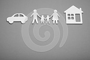 Happy family apartment and car concept. Insurance and protect life. Copy space for text