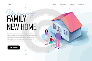 Happy family is around their new home. Family new home illustration concept.