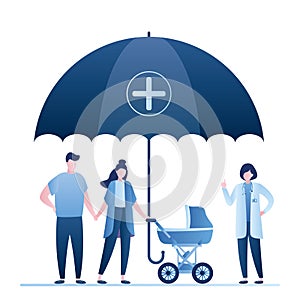 Happy family with baby stroller, female doctor and big save umbrella. Health Care with insurance concept