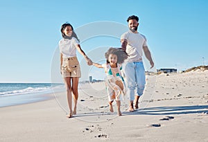 Happy family, beach and parents walking with a child excited for the sea, ocean and vacation together in happiness