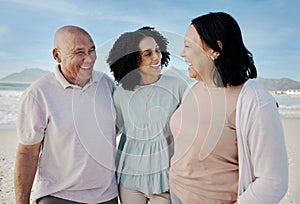 Happy family, beach and woman with senior parents hug, laugh and bond in nature together. Smile, love and laughing