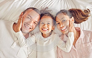 Happy, family and bed of people smile with above view in a bedroom with happiness at home. Portrait of a mother, girl