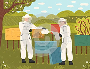 Happy family of beekeeper in uniform working at apiary farm scene