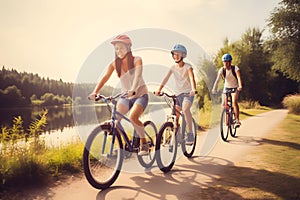 Happy family biking in countryside, Generative AI