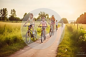 Happy family biking in countryside, Generative AI
