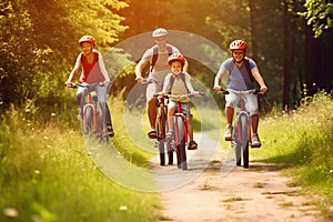 Happy family biking in countryside, Generative AI