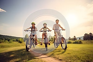 Happy family biking in countryside, Generative AI