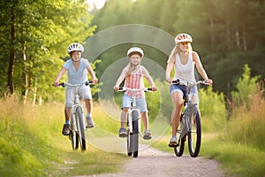 Happy family biking in countryside, Generative AI