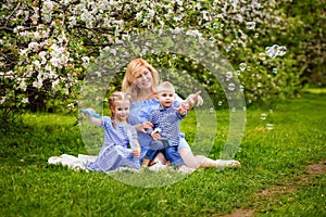 A happy family of blonds. Chubby mom and two kids boy and girl in a blooming spring apple orchard on a spring picnic. They start
